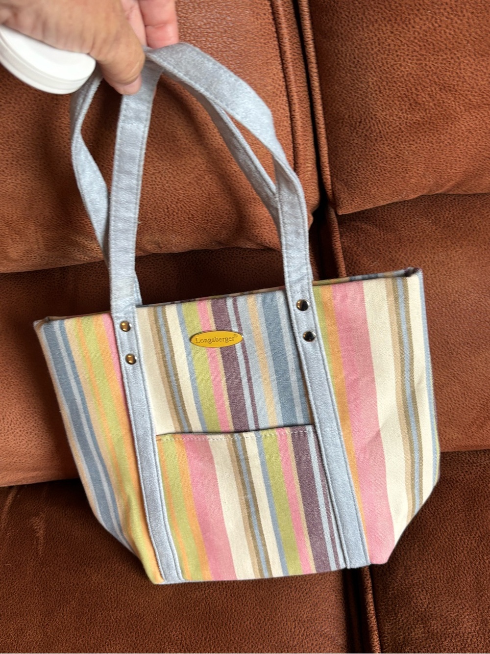 Longaberger Pastel Striped Canvas Tote with blue Straps